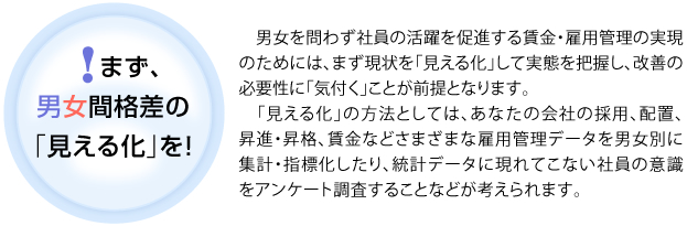 まず、男女間格差の「見える化」を！
　男女を問わず社員の活躍を促進する賃金・雇用管理の実現のためには、まず現状を「見える化」して実態を把握し、改善の必要性に「気付く」ことが前提となります。　「見える化」の方法としては、あなたの会社の採用、配置、昇進・昇格、賃金などさまざまな雇用管理データを男女別に集計・指標化したり、統計データに現れてこない社員の意識をアンケート調査することなどが考えられます。